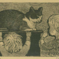 SLM 9221 - Litografi, två barn med katt, av Hjalmar Strååt