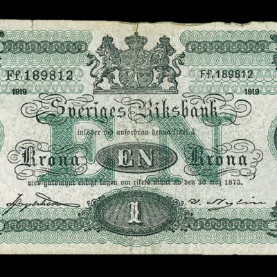 SLM 8295 - Sedel, 1 Krona, Sveriges Riksbank 1919, så kallad kotia