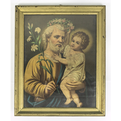SLM 38705 - Religiöst oljetryck, inramat motiv, Josef med Jesusbarnet, märkt 