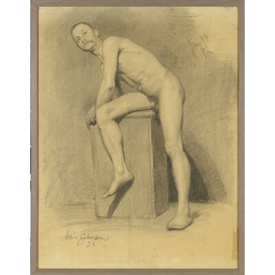 SLM 56324 - Inramad kolteckning av Albin Jerneman (1868-1953), naken man från sidan