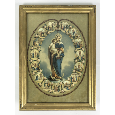SLM 38714 2 - Religiöst oljetryck, inramat motiv, Maria och Jesusbarnet omgivet av scener