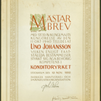 SLM 37055 - Mästarbrev till Uno Johansson 10/11 1950, konditori Bern i Nyköping