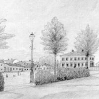 SLM M019936 - Teckning av järnvägstorget, senare Teaterparken i Nyköping, 1887