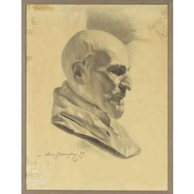 SLM 52232 - Inramad kolteckning av Albin Jerneman (1868-1953), manshuvud 1889