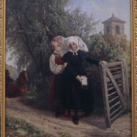SLM 6453-5 - Flickor vid grinden, oljemålning av Josef Wilhelm Wallander