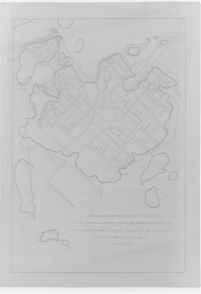 RK31 Generalkvartersmästare Stuarts uppmätningsplan från år 1679 över Trossö och närliggande öar med den nuvarande stadsplanen inlagd.jpg