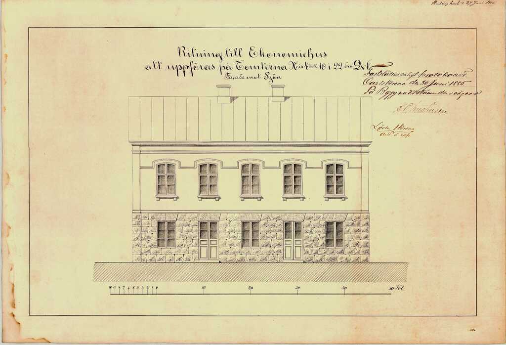 RK2213-Ritning till ekonomihus att uppföras på tomterna 4 till 10 i 22dra kvarteret. Kv. Posse Vämö. 1885.jpg