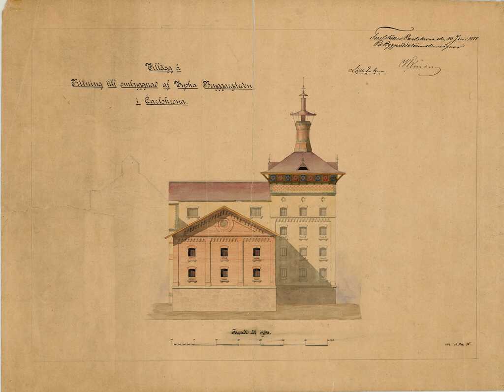 RK529 Tillägg å ritning till ombyggnad af Tyska Bryggargården i Carlskrona. Fasad ¨åt sjön.1888.-1.jpg