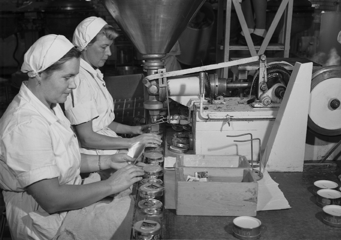 Arbete vid Mjölkcentralen, Oppeby. Fototid: 1954.