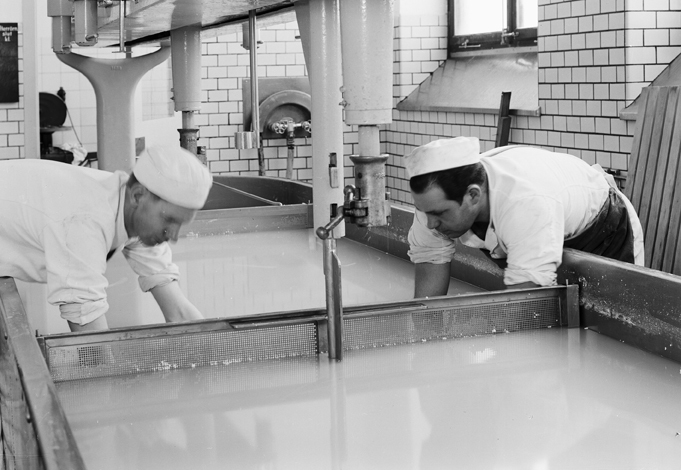 Arbete vid mjölkcentralen, Oppeby. Fototid: 1942.