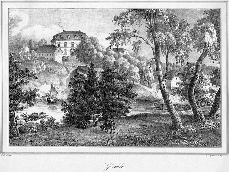 Litografi över Görvälns gård på 1820-talet av M...