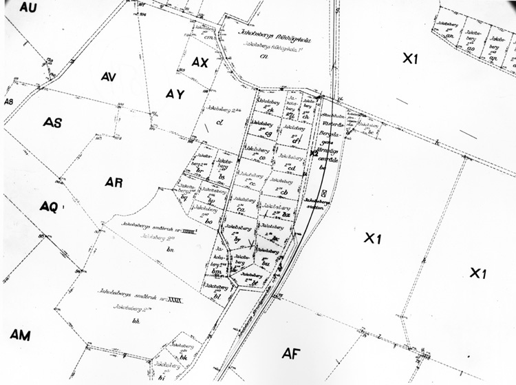 Jakobsbergs centrum. Karta från 1920-21 över fa...