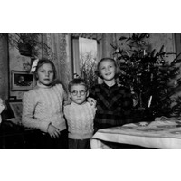 002059 - Tre barn står vid julgran.