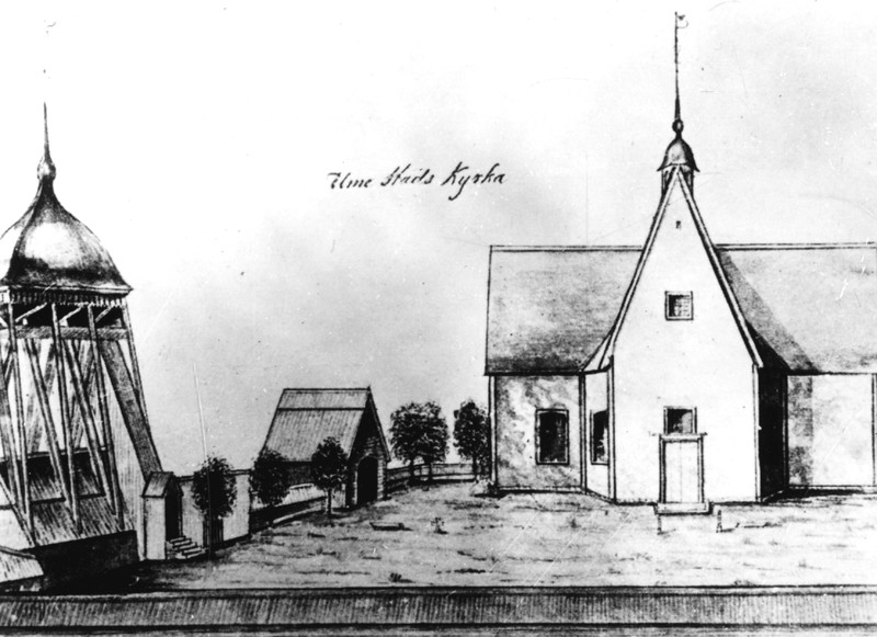 Umeå stads kyrka på 1830-talet. Teckning av J A...