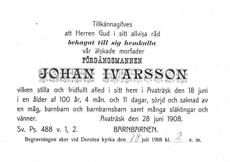 Sorgkort efter Johan Ivarsson, 100 år, 1908.