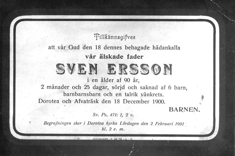 Sorgkort från Sven Erssons död, Avaträsk.