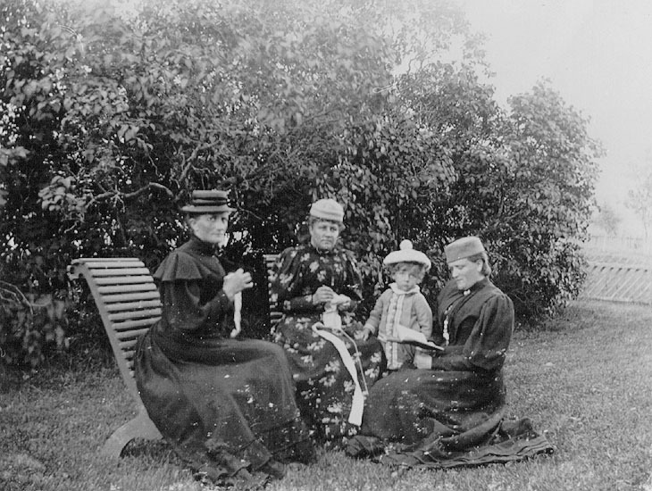Tegsborg. Grupp av personer i trädgården 1893.
