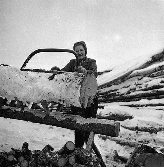 Klara Skoglund, Skog, sågar ved, 1946.
