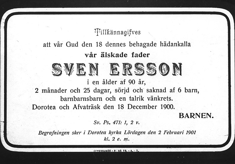 Sorgkort efter Sven Ersson 1900. Var naturläkar...