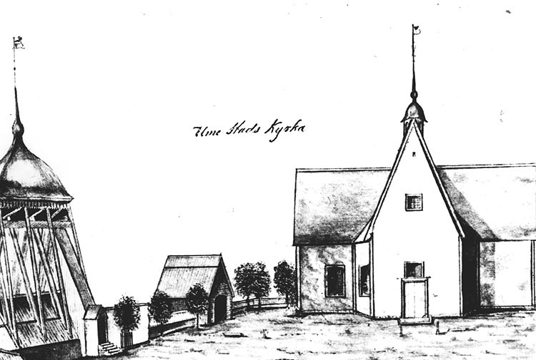 Umeå stads kyrka på 1830-talet.  Teckning av J ...