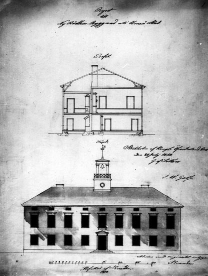 Rådhuset 1814, fasad och tvärsnitt. Efter origi...