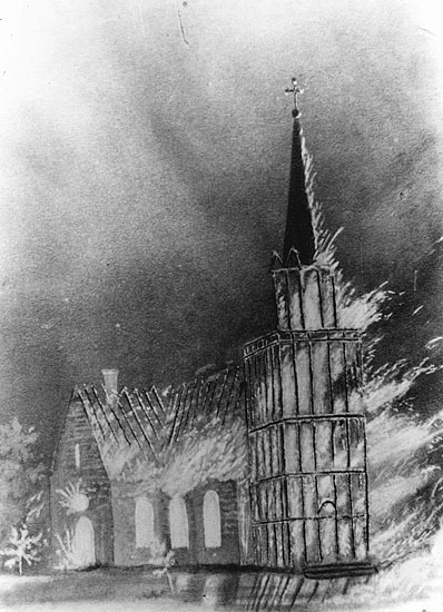 Umeå stads kyrka. Gamla kyrkan brinner 1887. Fo...