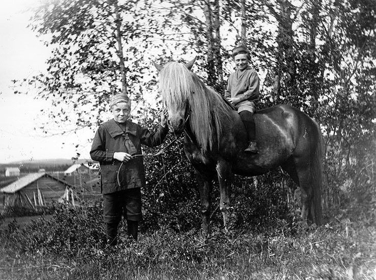 Bild av två okända pojkar och en häst.
