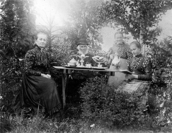 Oidentifierat sällskap i trädgården cirka 1895.