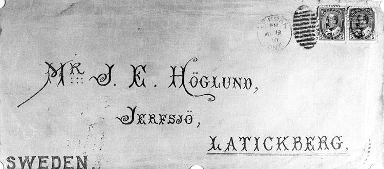 Kuvert till brev som Hjalmar Höglund skickade h...