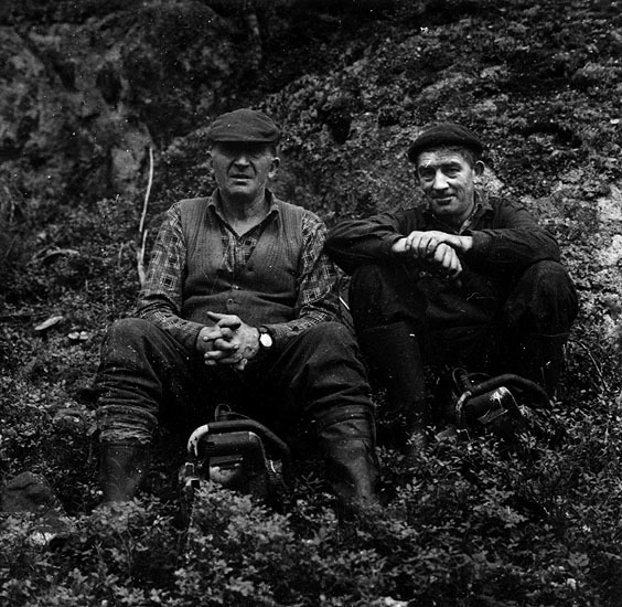 Två män sittande i en skogsbacke, bredvid sig h...