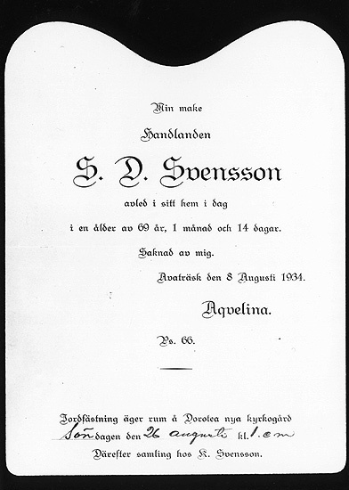 Sorgkort efter handlare S D Svensson 1934.