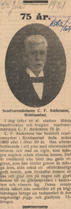 75 år. Svarfvaremästaren C. F. Andersson, Krist...