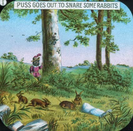 PUSS GOES OUT TO SNARE SOME RABBITS