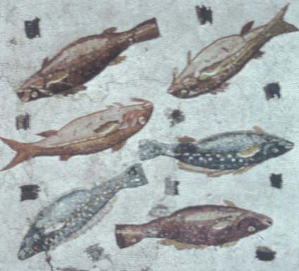 ROM. golv mosaik m fiskar... (rest. text oläslig).