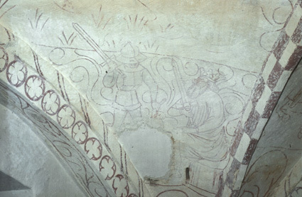 Kalkmålningar i långhusets västligaste travé.