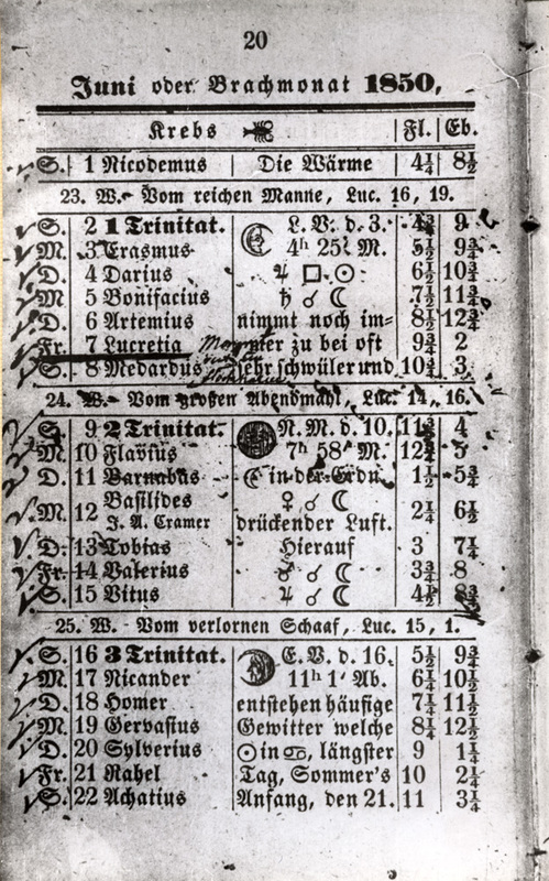 Sida ur tysk almanacka från år 1850.