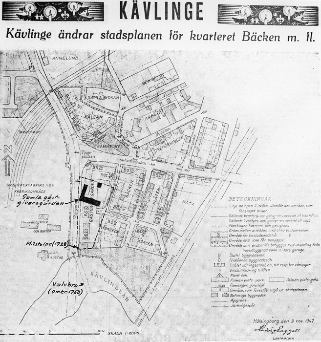 Karta över stadsplanen i Kävlinge med kvarteret...