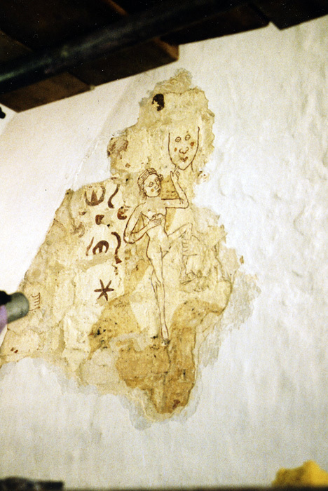 Detalj av kalkmålning i Ilstorps kyrka.