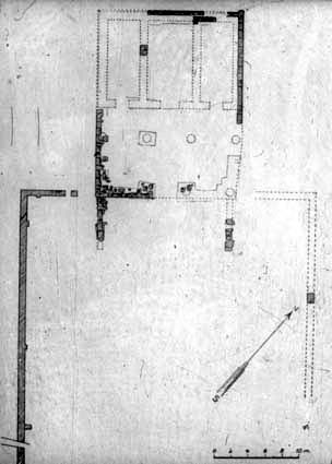 Vulci (Volsinii) plan av tempel m gård, etruskiskt