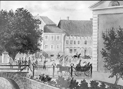 Fotografi på tavla över Stora Torg, Kristianstad.