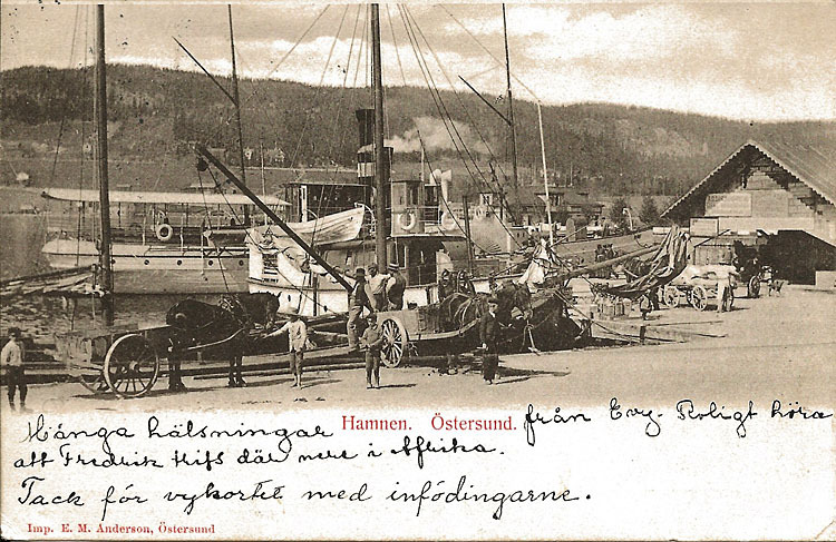 Hamnen Östersund kortet poststämplat 19/2 1904