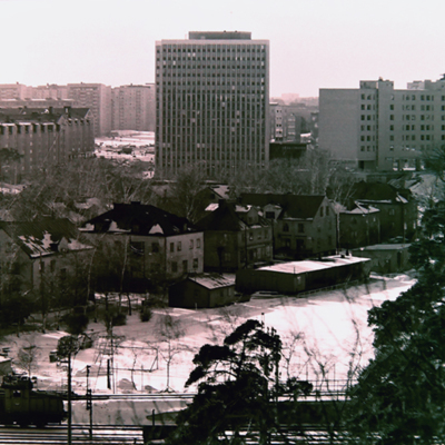 Solb 2023 11 05 - Utsikt från vattentornet mot Solna Stadshus och Hagalunds Idrottsplats, 1970