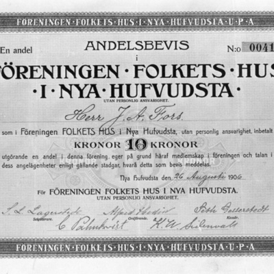 Solb 1980 52 1 - Andelsbevis i föreningen Folkets hus, 1906