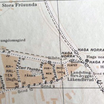 Solb - Karta över Hagalund från gamla banvallen mot Haga norra, 1960-tal