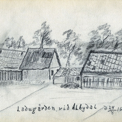 Solb 2014 09 59 - Arvid Tydéns teckning av ladugården vid Albydal 1916