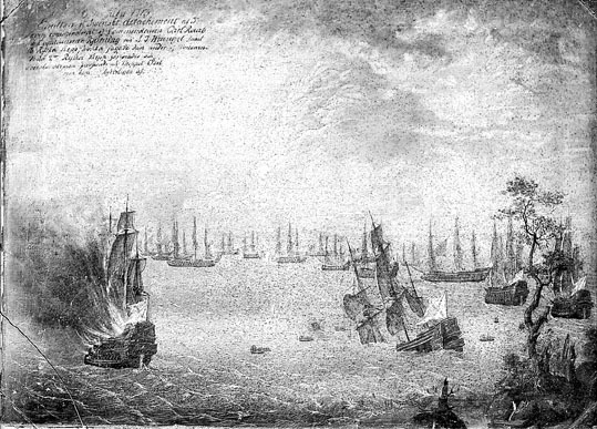 Foto av tavla föreställande ett sjöslag 1713.